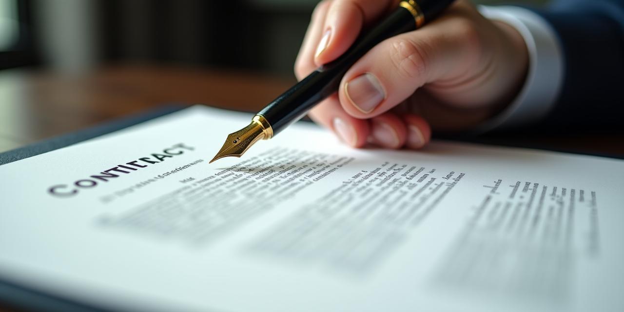 Close up of a legal professional pointing to various sections on a complex business contract with high-quality fountain pen nearby.