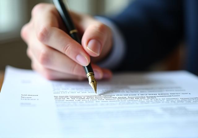 Close up of a professional solicitor reviewing a complex legal contract with a fountain pen
